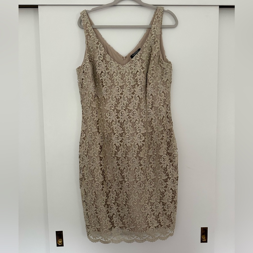 Ralph Lauren Tan Sheath V-Neck Mini Dress